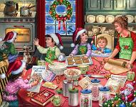 Making Gingerbread  Published by the Vermont Christmas Company -  Making Gingerbread : Wollenmann, jigsaw puzzle, Christmas, kitchen, kids, mom, baking, gingerbread house, gingerbread, table, children, stove, cookies, baby, window, snow, snowing, wreath, Santa