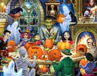 Pumpkin Carving Monsters  Published by the Vermont Christmas Company -  Haunted House Party : Halloween, Frankenstein, witch, magic, zombie, dracula, mummy, invisible man, skeleton, ghost, pumpkins, carving, skulls, graveyard, raven, jack-o-lantern, fireplace, painting, scary, monsters, invisible man, boy, girl, skeleton, frog, mouse, night, cat, octopus, candles, Wollenmann