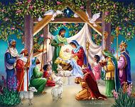 Magi at the Manger  Published by the Vermont Christmas Company -  Magi at the Manger : Wollenmann, jigsaw puzzle, Christmas, sheep, lamb, religious, kings, shepherds, Joseph, Mary, Jesus, stable, doves, crib, baby, holy family, nativity, angel, Advent Calendar, flowers